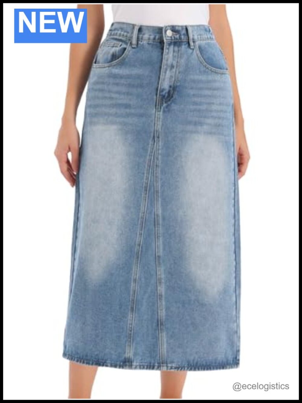 High Rise A-Line Denim Maxi Skirt Elastic Waist Button Zip Pockets